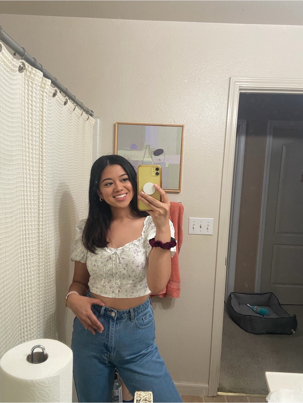 Floral Puff-Sleeve Crop Top - White